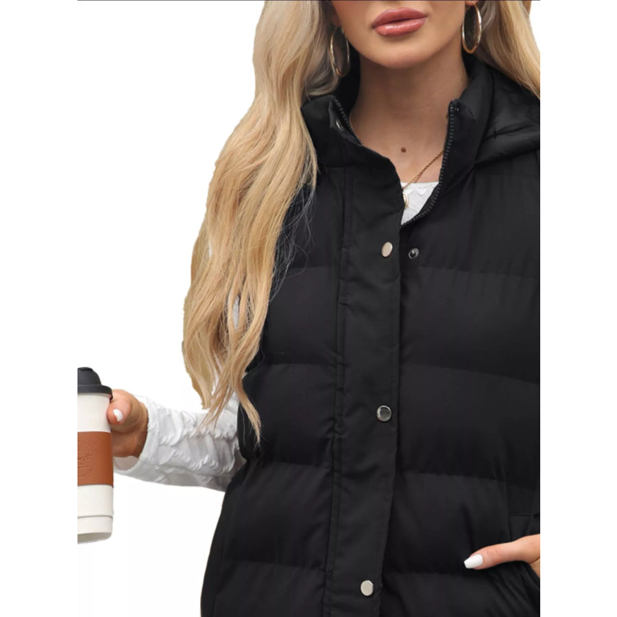 Full Size Snap Down Hooded Padded Longline Vest Coat Plus Size Apparel and Accessories