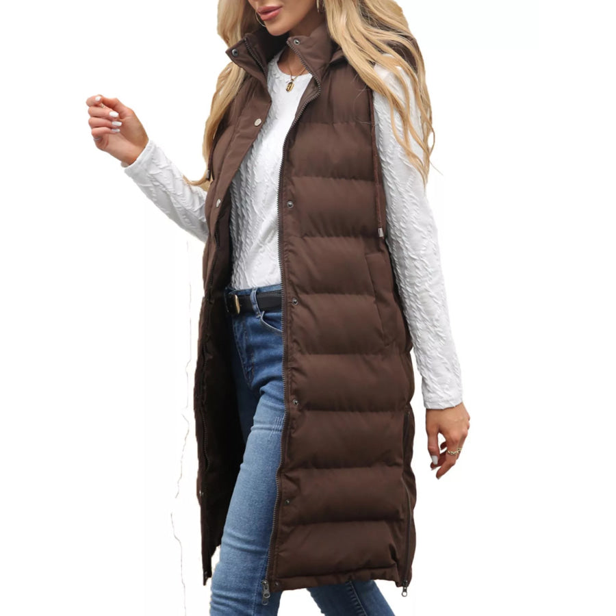 Full Size Snap Down Hooded Padded Longline Vest Coat Plus Size Apparel and Accessories