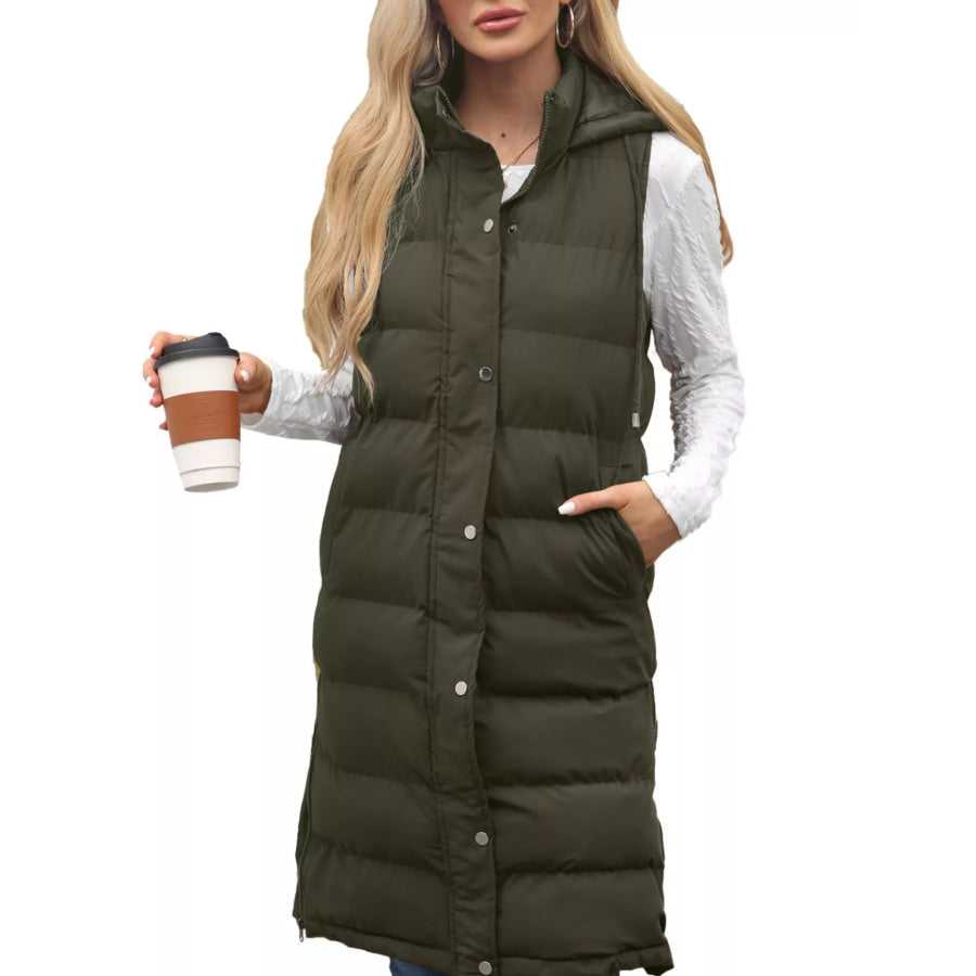 Full Size Snap Down Hooded Padded Longline Vest Coat Plus Size Army Green / S Apparel and Accessories