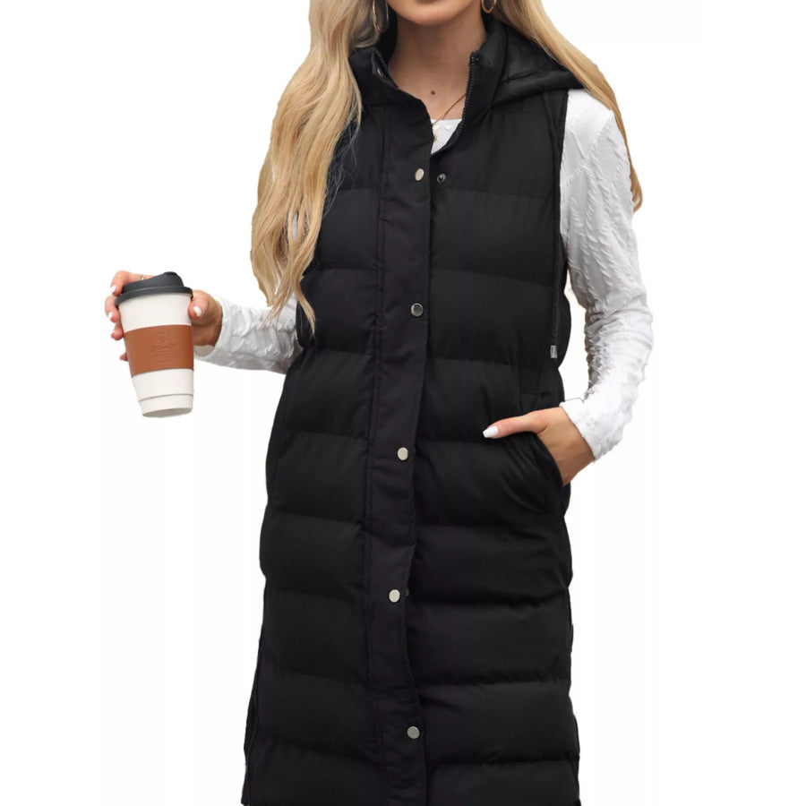 Full Size Snap Down Hooded Padded Longline Vest Coat Plus Size Black / S Apparel and Accessories