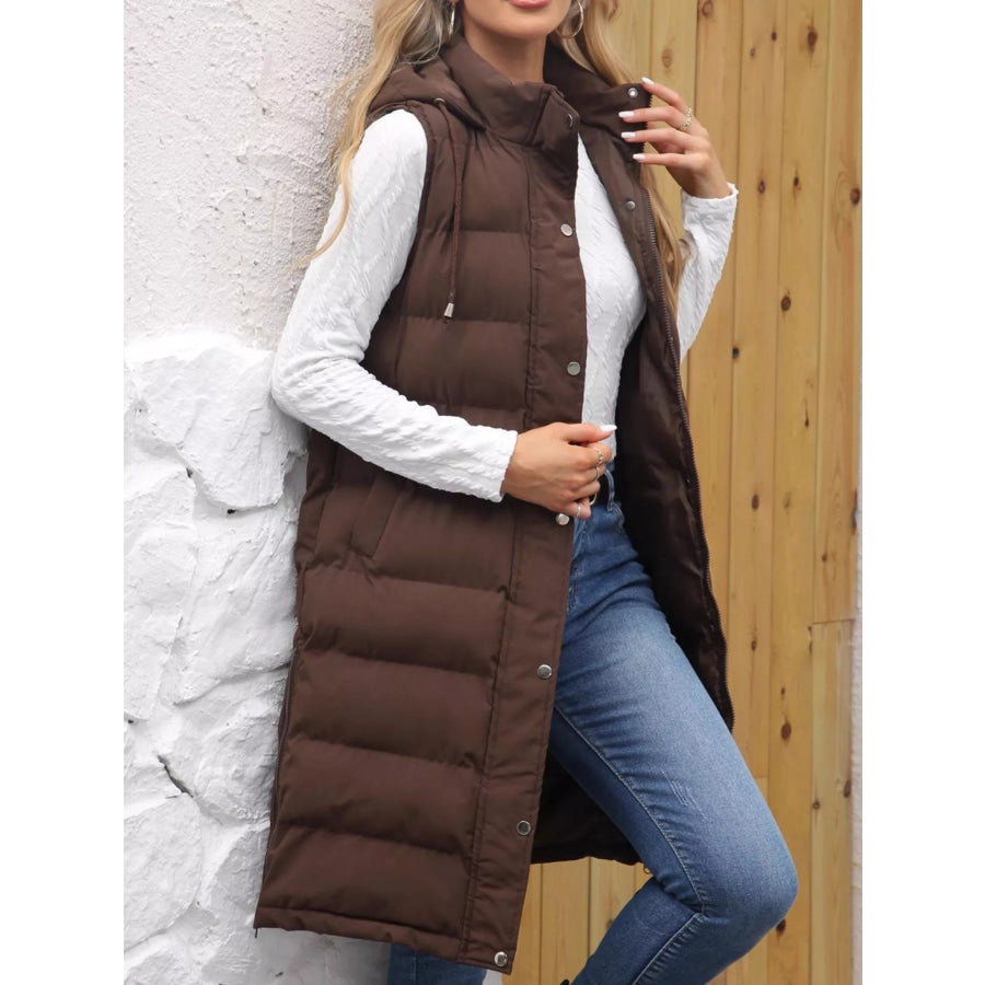 Full Size Snap Down Hooded Padded Longline Vest Coat Plus Size Brown / S Apparel and Accessories