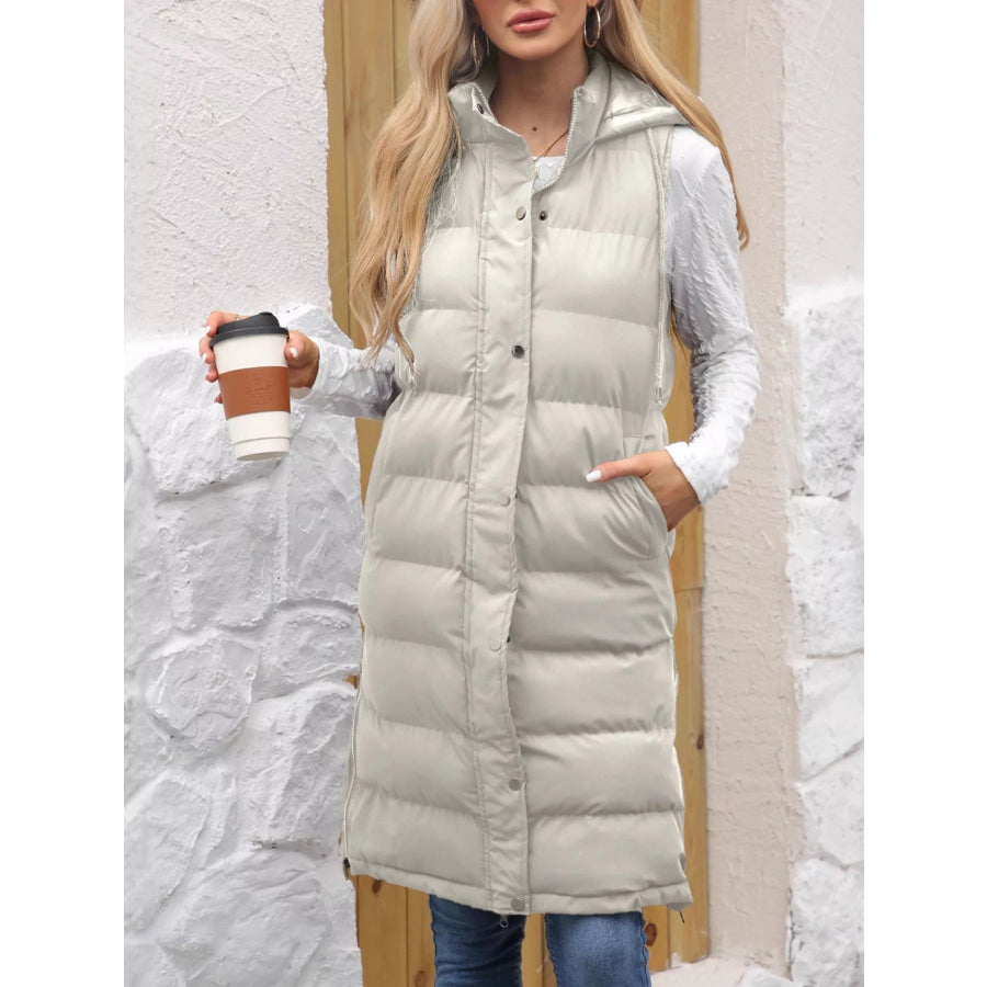 Full Size Snap Down Hooded Padded Longline Vest Coat Plus Size Ivory / S Apparel and Accessories