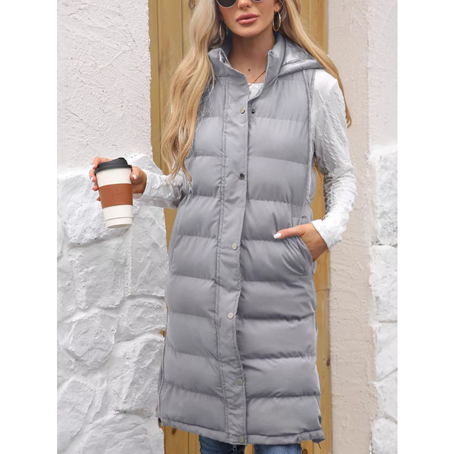 Full Size Snap Down Hooded Padded Longline Vest Coat Plus Size Light Gray / S Apparel and Accessories