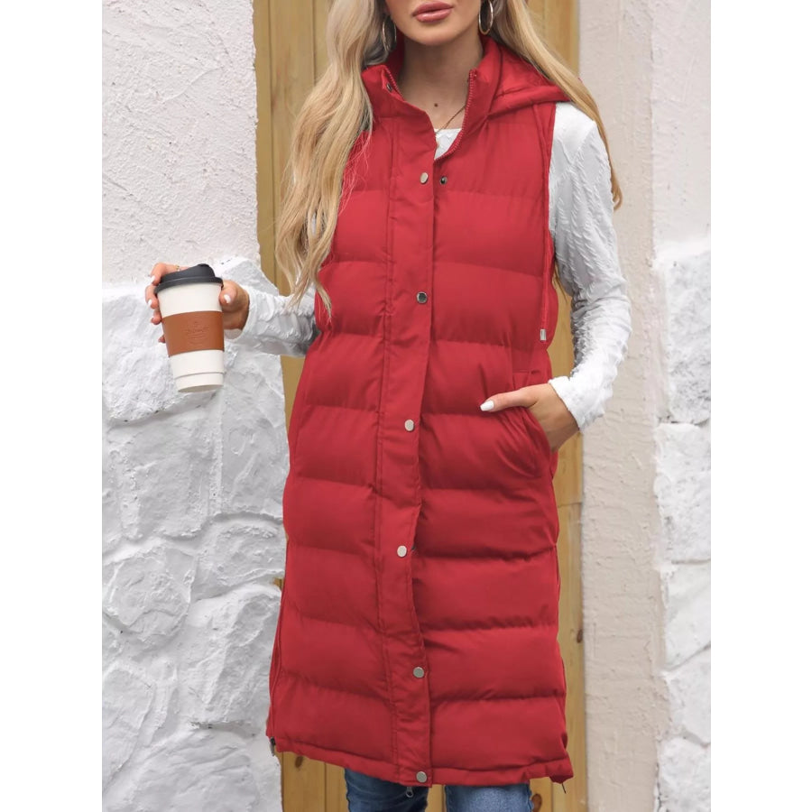 Full Size Snap Down Hooded Padded Longline Vest Coat Plus Size Red / S Apparel and Accessories