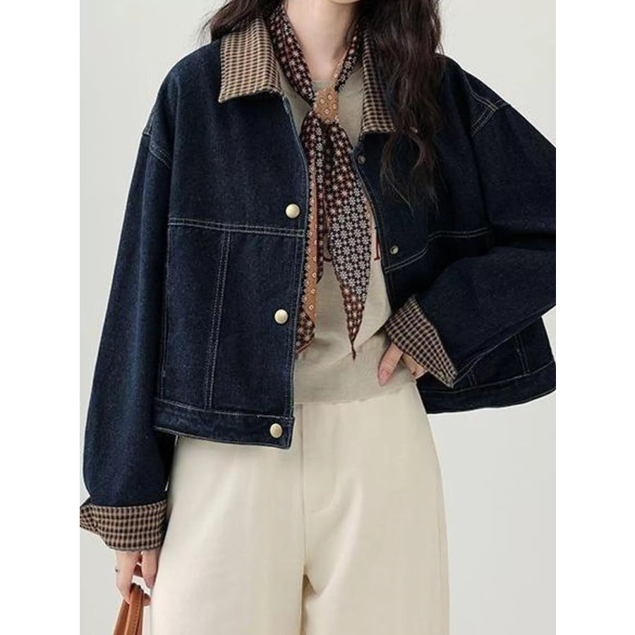 Full Size Snap Down Plaid Collar Denim Jacket Plus Apparel and Accessories