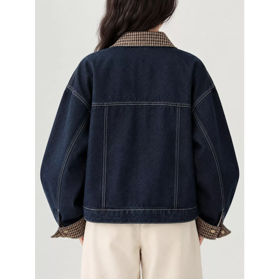 Full Size Snap Down Plaid Collar Denim Jacket Plus Apparel and Accessories