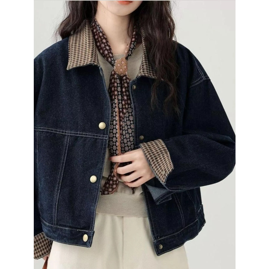 Full Size Snap Down Plaid Collar Denim Jacket Plus Apparel and Accessories