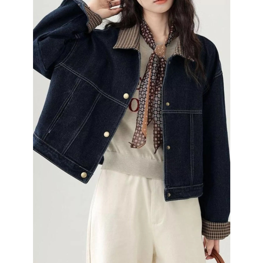 Full Size Snap Down Plaid Collar Denim Jacket Plus Apparel and Accessories