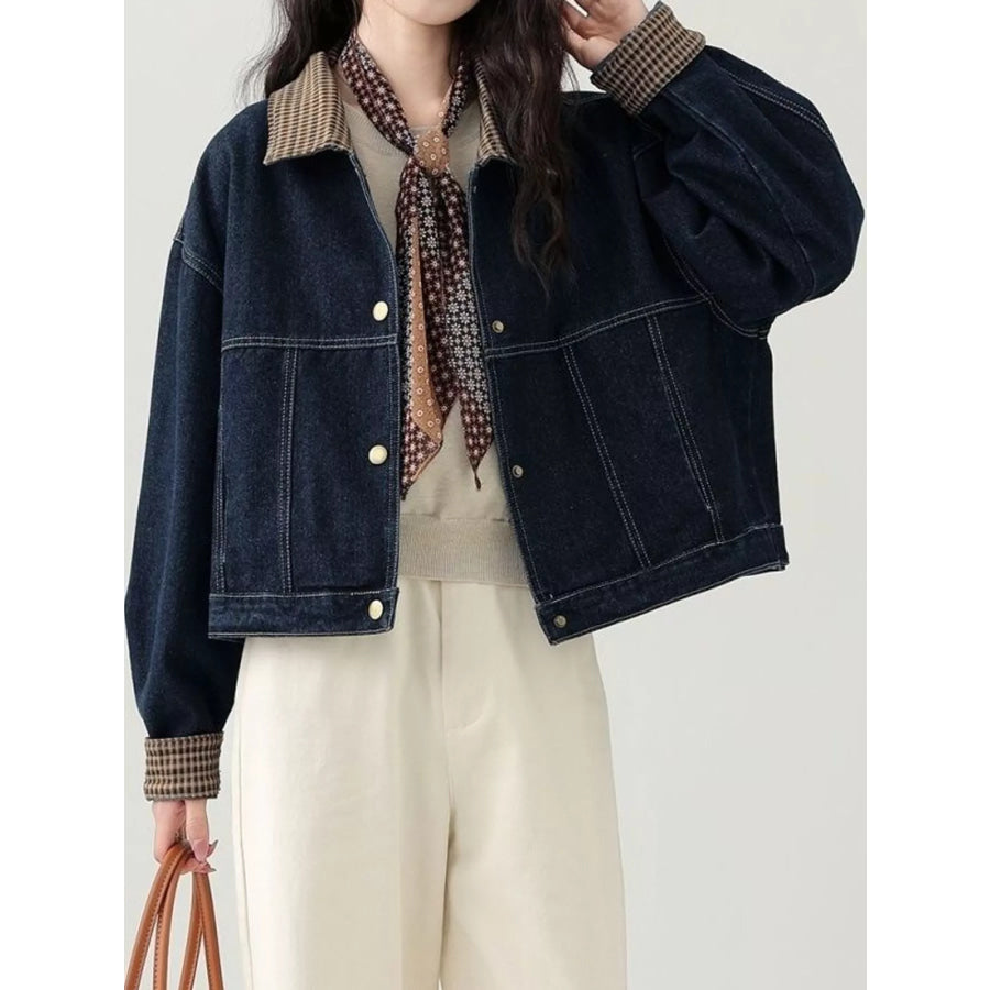 Full Size Snap Down Plaid Collar Denim Jacket Plus Blue-High Quality / S Apparel and Accessories