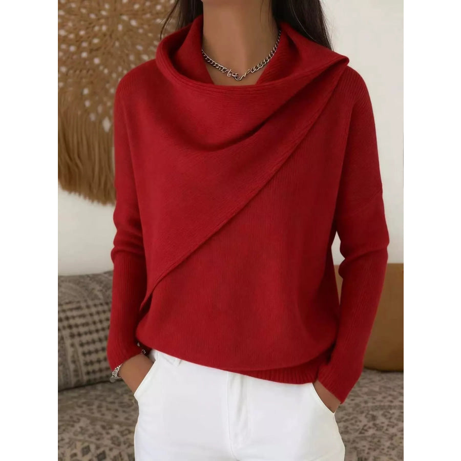 Full Size Solid Color Cowl Neck Sweater Plus Red / XS Apparel and Accessories