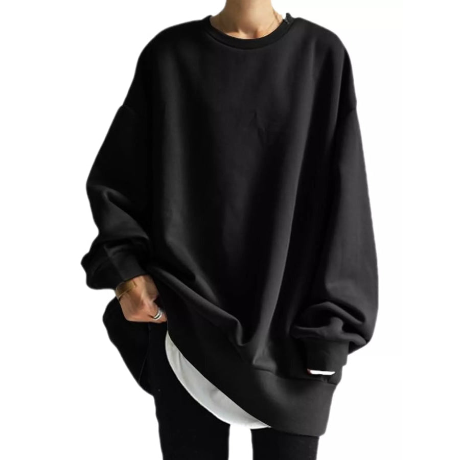 Full Size Solid Color Crew Neck Sweatshirt Plus Black / S Apparel and Accessories