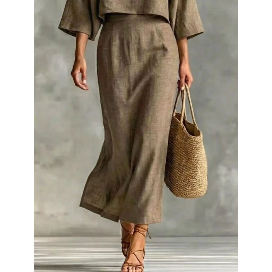 Full Size Solid Color Cropped Top and Midi Skirt Set Plus Size Apparel and Accessories