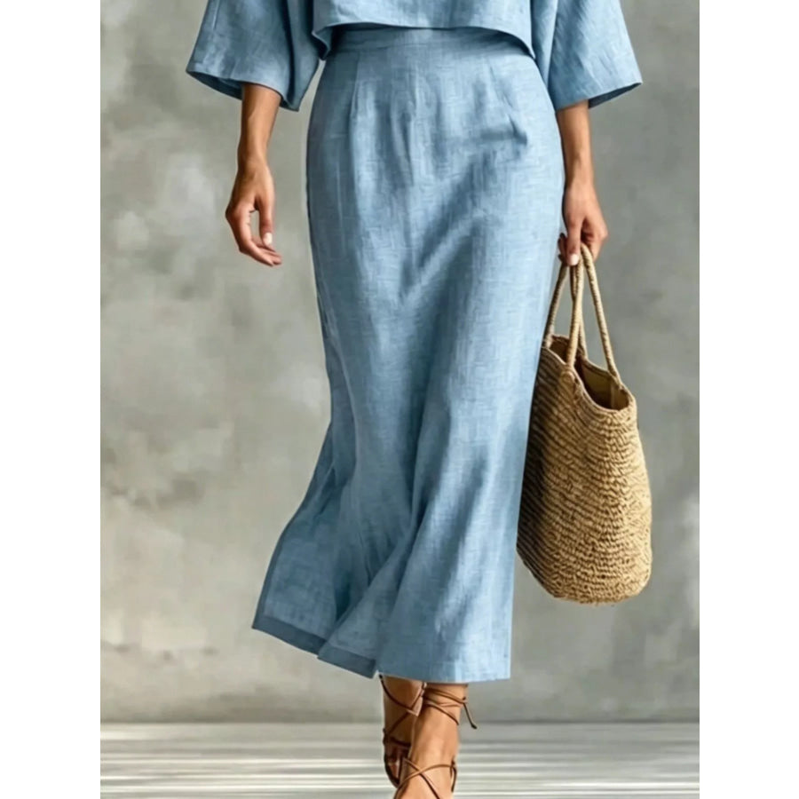 Full Size Solid Color Cropped Top and Midi Skirt Set Plus Size Apparel and Accessories