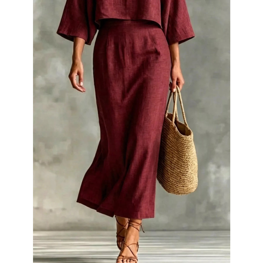 Full Size Solid Color Cropped Top and Midi Skirt Set Plus Size Apparel and Accessories