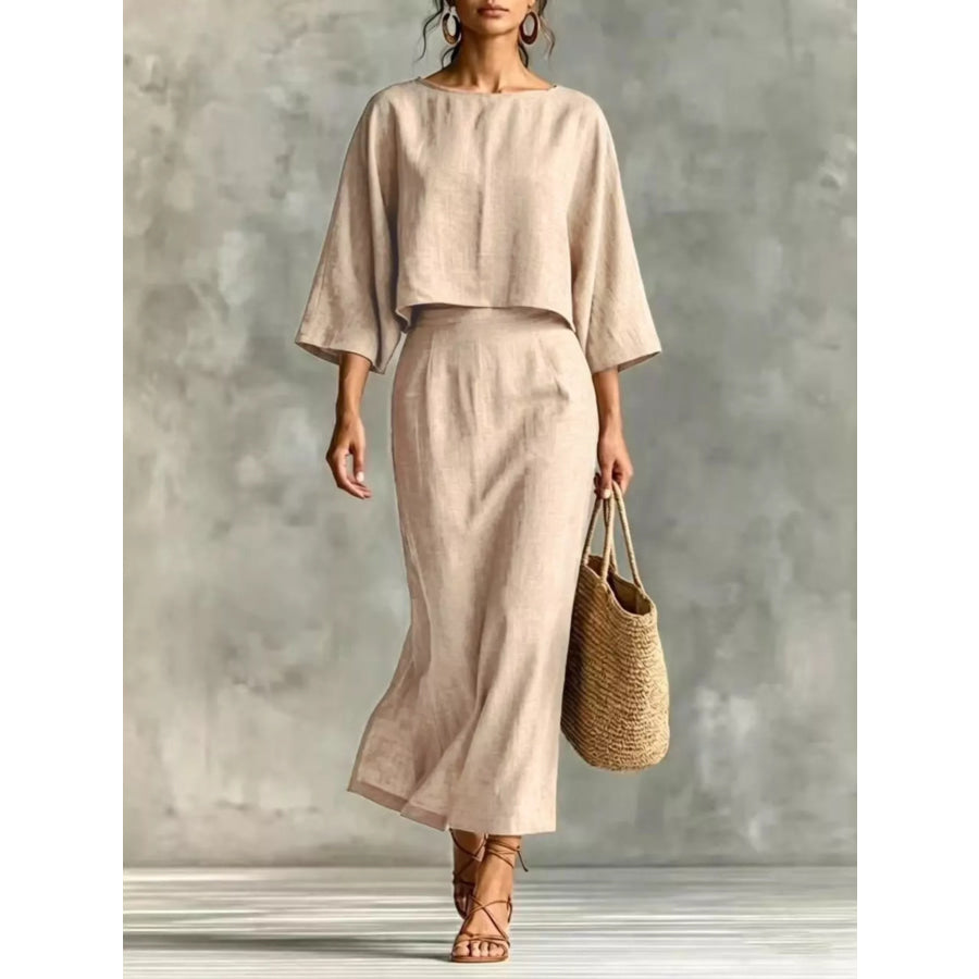Full Size Solid Color Cropped Top and Midi Skirt Set Plus Size Apricot / S Apparel and Accessories