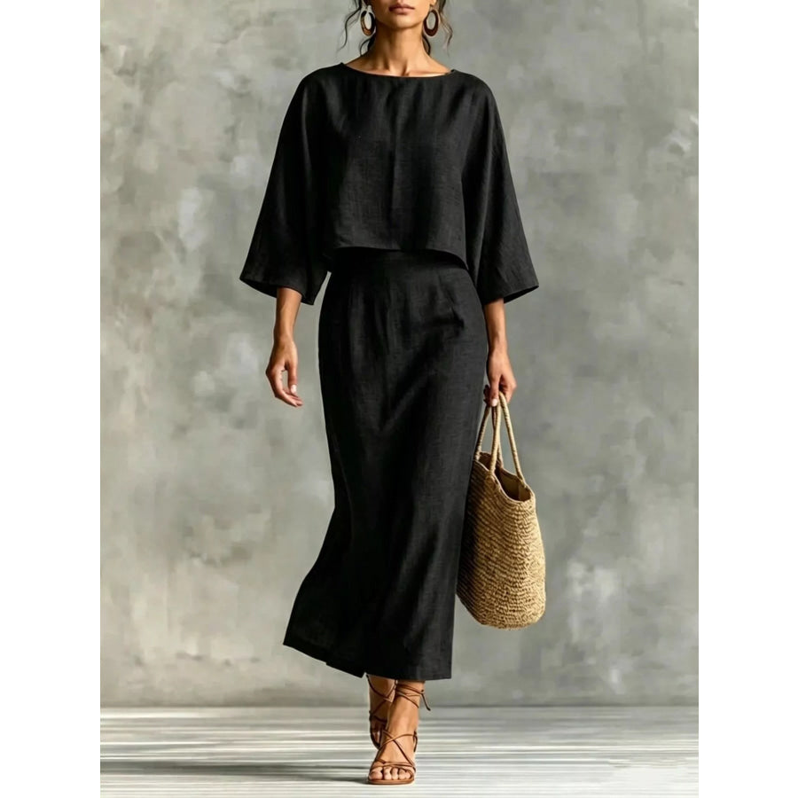 Full Size Solid Color Cropped Top and Midi Skirt Set Plus Size Black / S Apparel and Accessories