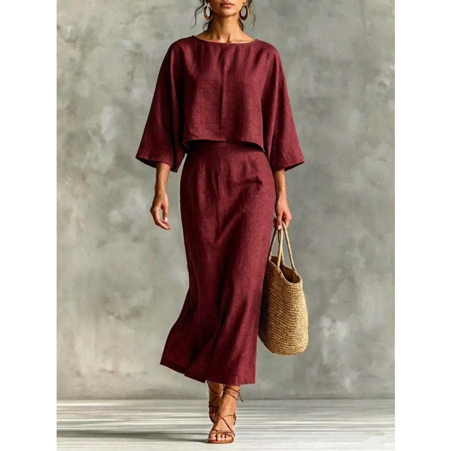 Full Size Solid Color Cropped Top and Midi Skirt Set Plus Size Burgundy / S Apparel and Accessories