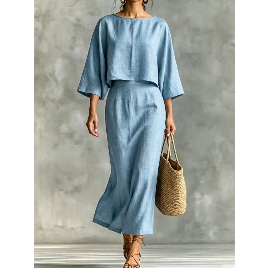 Full Size Solid Color Cropped Top and Midi Skirt Set Plus Size Sky Blue / S Apparel and Accessories