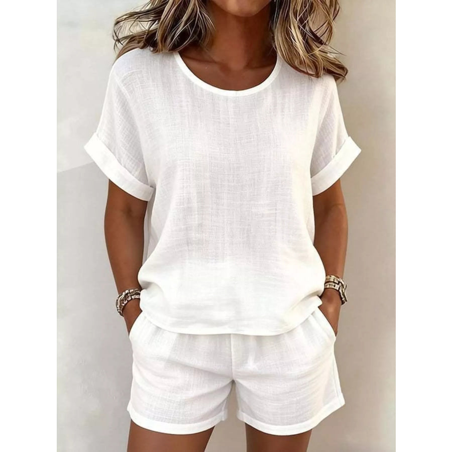 Full Size Solid Color Short Sleeve Top and Shorts Set Plus White / S Apparel Accessories