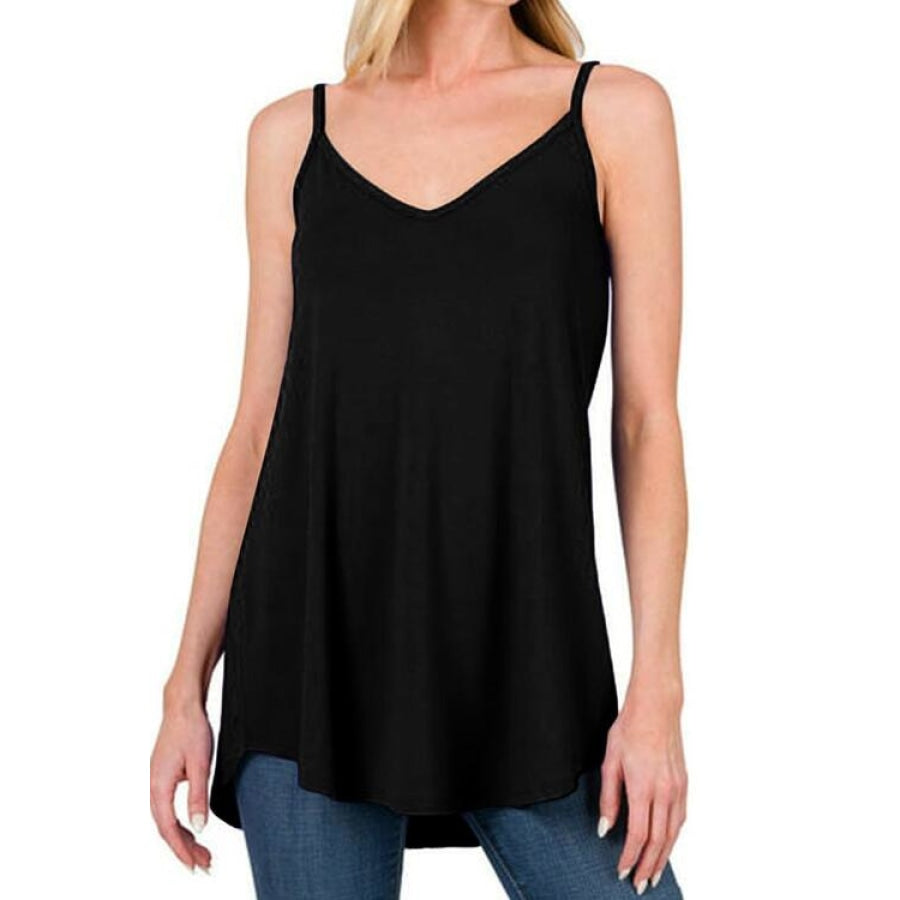 Full Size Spaghetti Strap V-Neck Flowy Tunic Cami Black / S Clothing