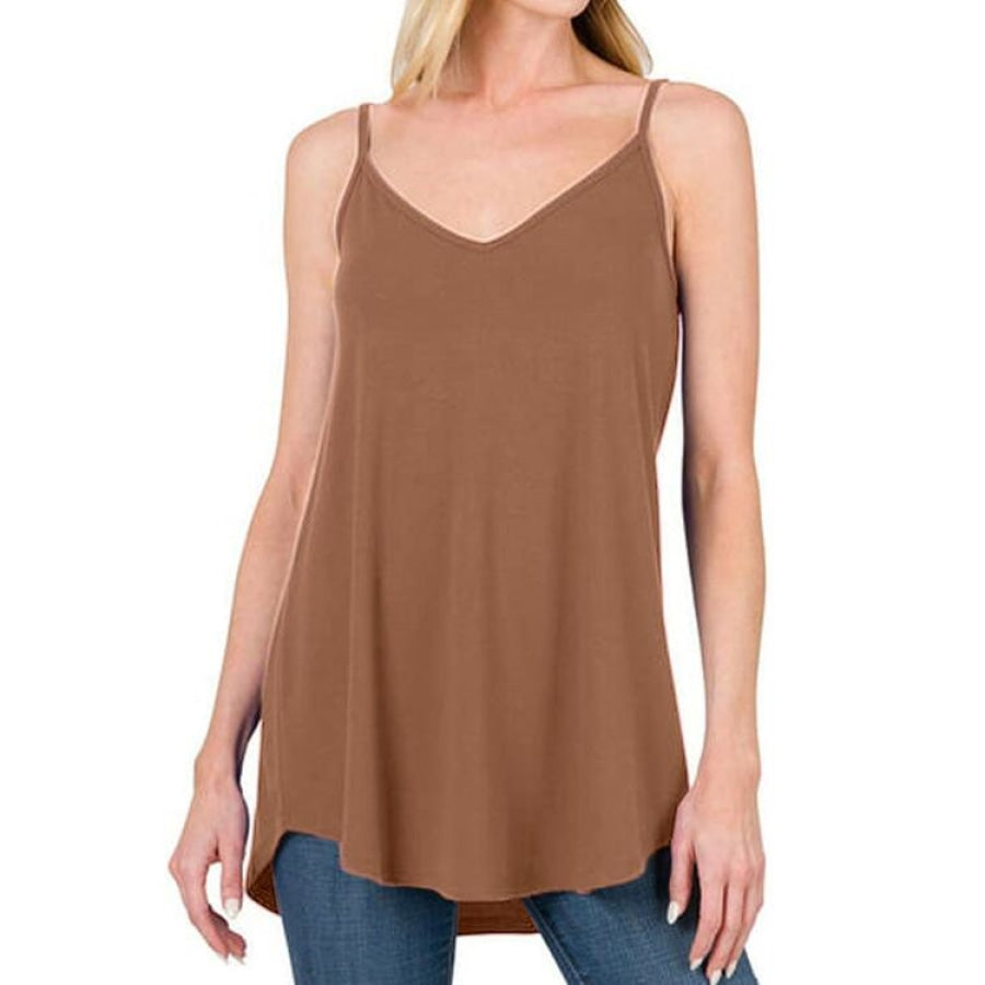 Full Size Spaghetti Strap V-Neck Flowy Tunic Cami Caramel / S Clothing