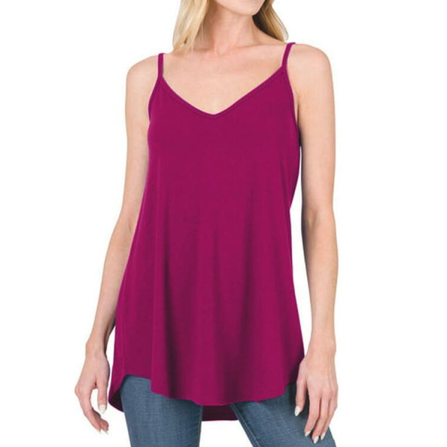 Full Size Spaghetti Strap V-Neck Flowy Tunic Cami Cerise / S Clothing