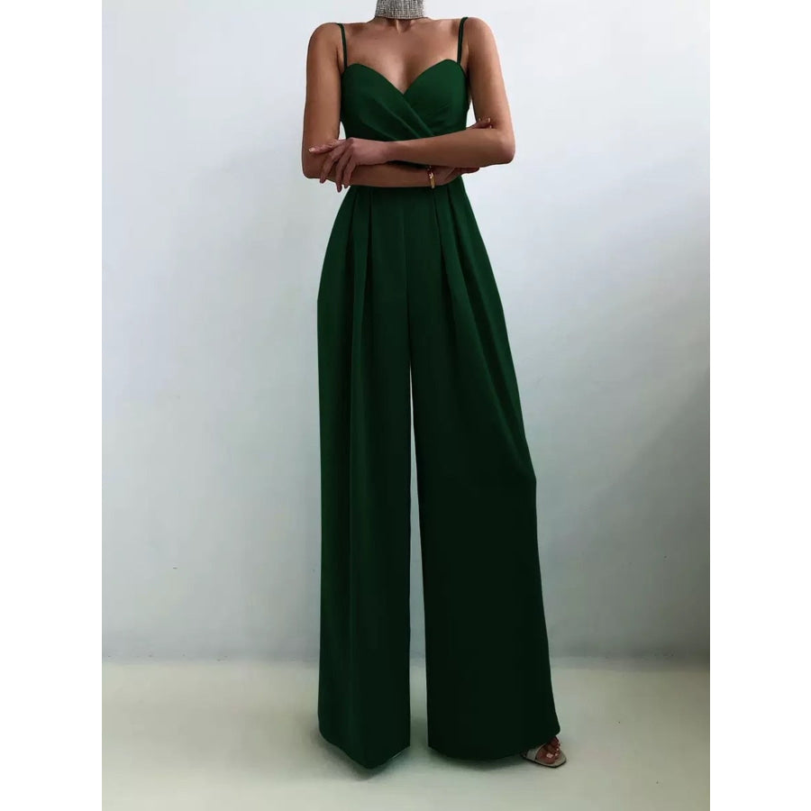 Full Size Spaghetti Strap Wide Leg Jumpsuit Plus Size Dark Green / S Apparel and Accessories