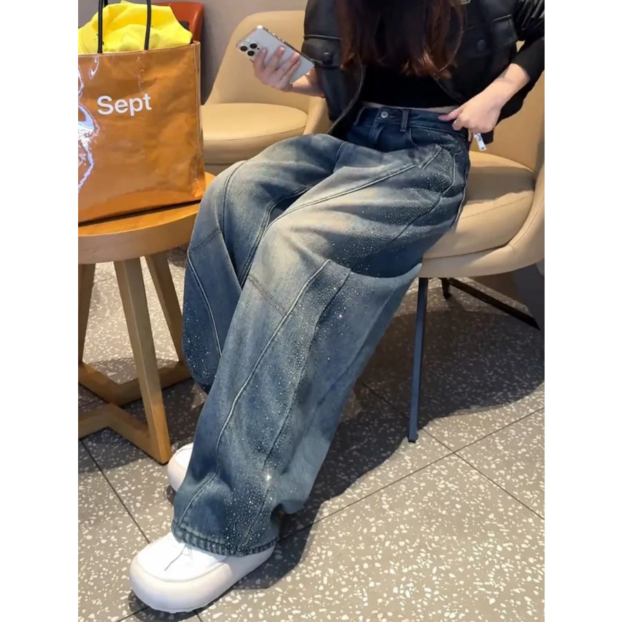 Full Size Sparkling Rhinestone Embellished Wide-Leg Jeans Plus Blue-No Belt / S Apparel and Accessories