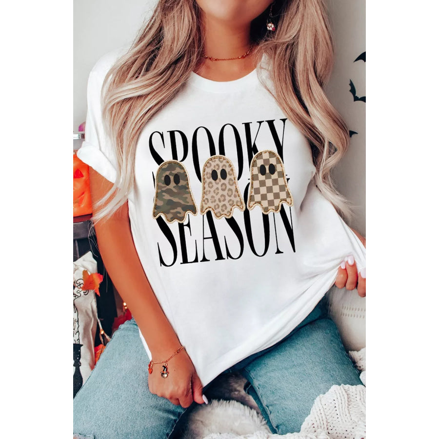 Full Size Spooky Season Ghosts Graphic Short Sleeve Halloween T Shirt Plus Apparel and Accessories