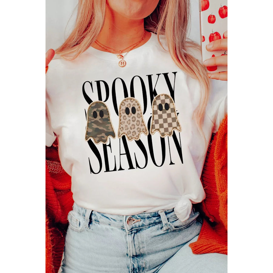 Full Size Spooky Season Ghosts Graphic Short Sleeve Halloween T Shirt Plus Apparel and Accessories