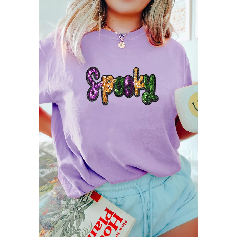 Full Size Spooky Sequin Letter Patched Cotton Blend T Shirt Plus Size Apparel and Accessories