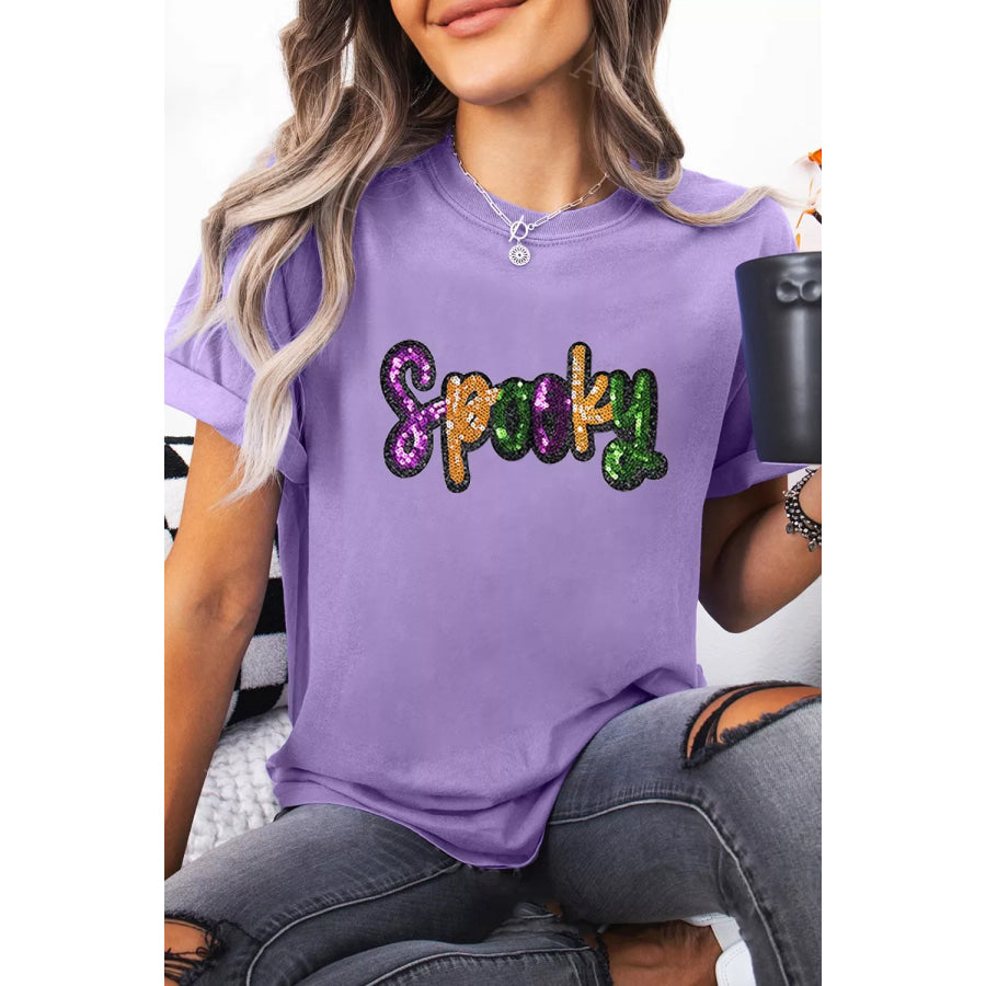 Full Size Spooky Sequin Letter Patched Cotton Blend T Shirt Plus Size Apparel and Accessories