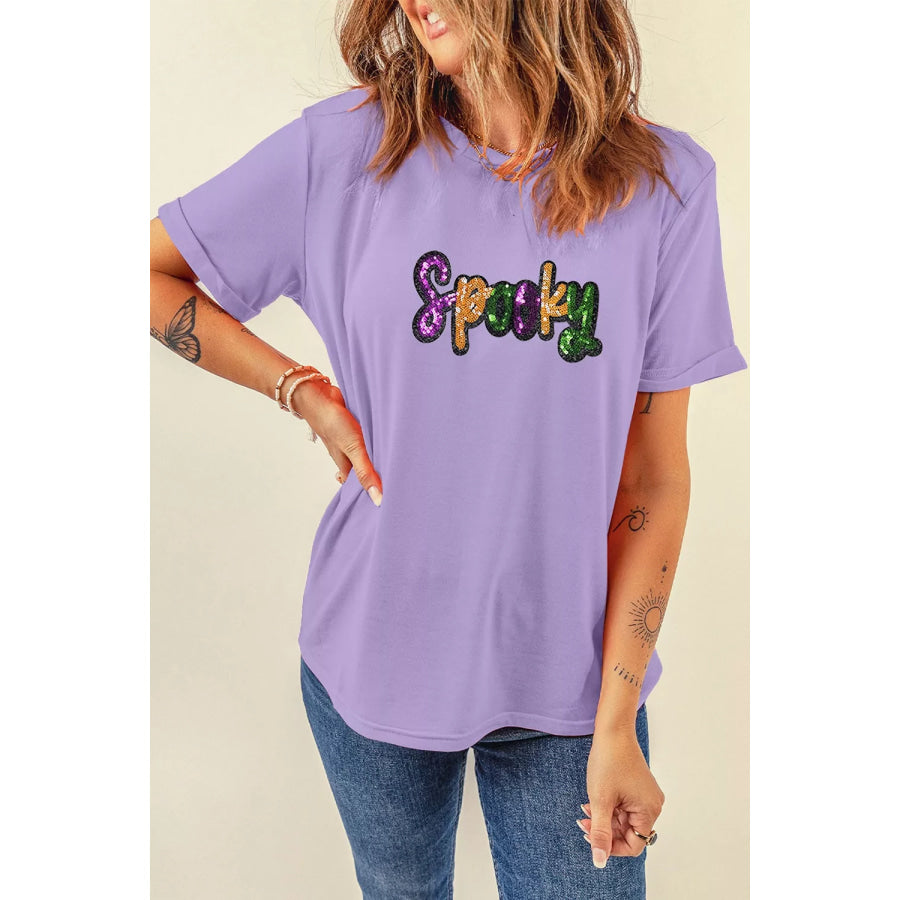 Full Size Spooky Sequin Letter Patched Cotton Blend T Shirt Plus Size Apparel and Accessories