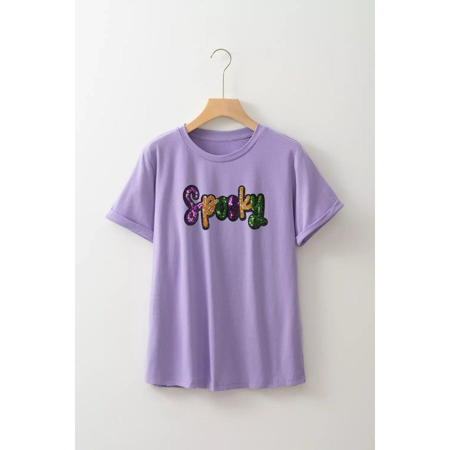 Full Size Spooky Sequin Letter Patched Cotton Blend T Shirt Plus Size Apparel and Accessories