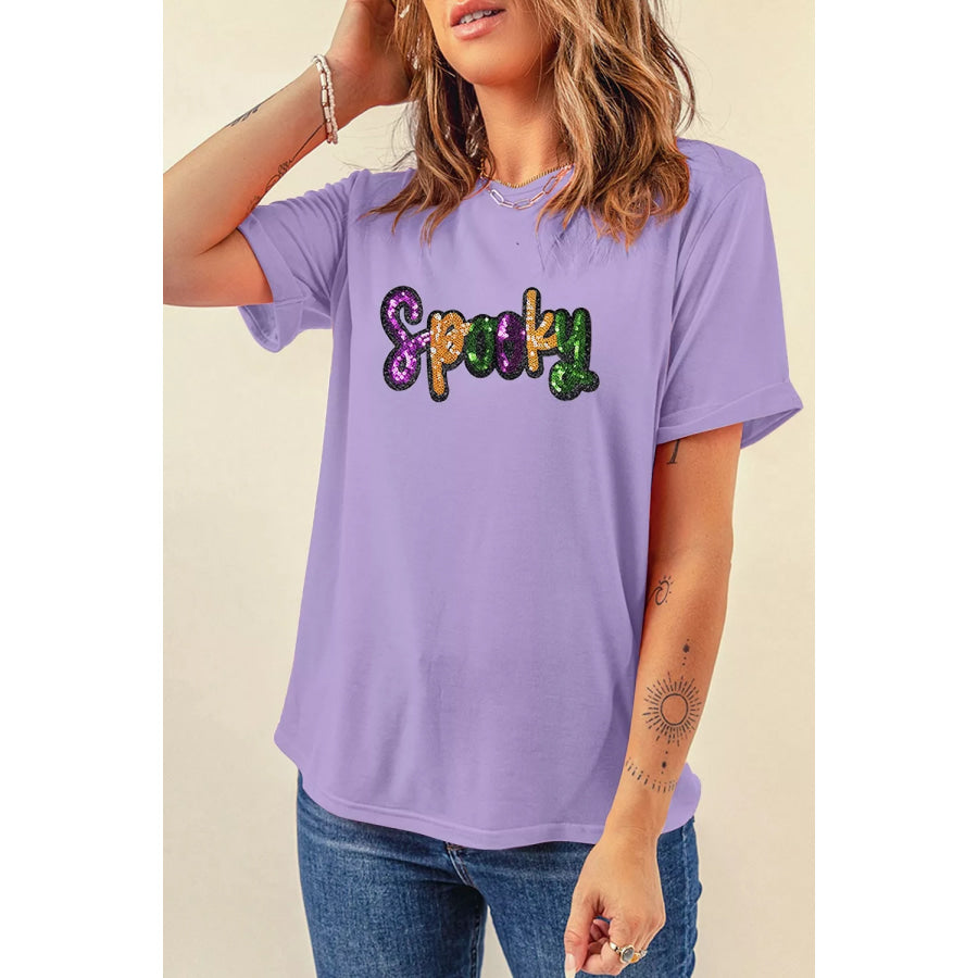 Full Size Spooky Sequin Letter Patched Cotton Blend T Shirt Plus Size Apparel and Accessories