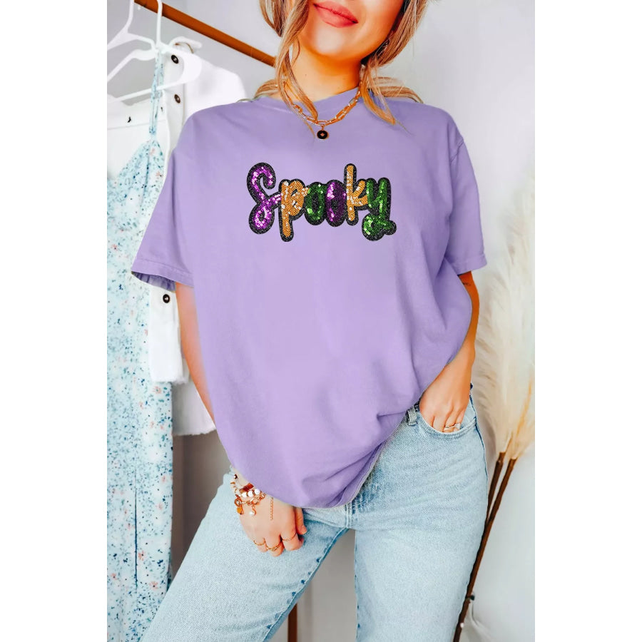 Full Size Spooky Sequin Letter Patched Cotton Blend T Shirt Plus Size Lavender / S Apparel and Accessories