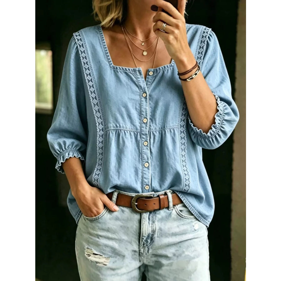 Full Size Square Neck Button-Down Denim Shirt Plus Apparel and Accessories