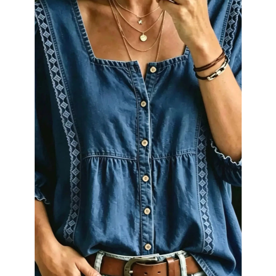 Full Size Square Neck Button-Down Denim Shirt Plus Apparel and Accessories