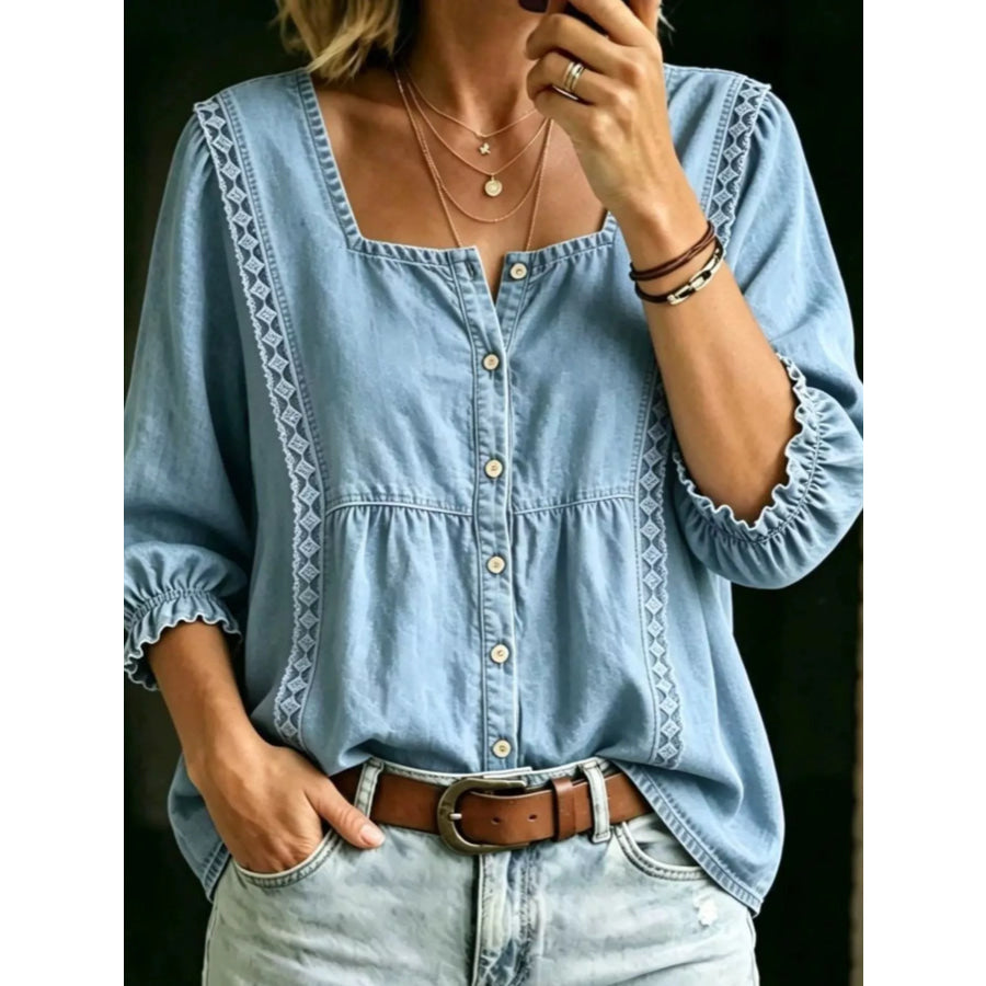 Full Size Square Neck Button-Down Denim Shirt Plus Apparel and Accessories