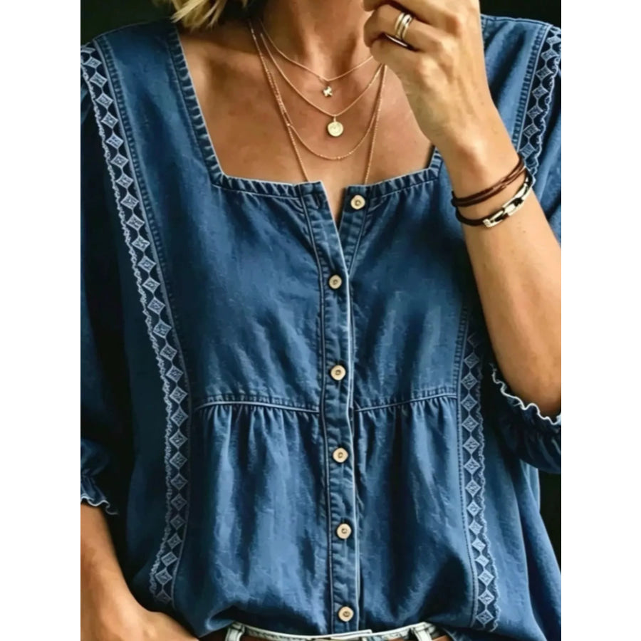 Full Size Square Neck Button-Down Denim Shirt Plus Apparel and Accessories