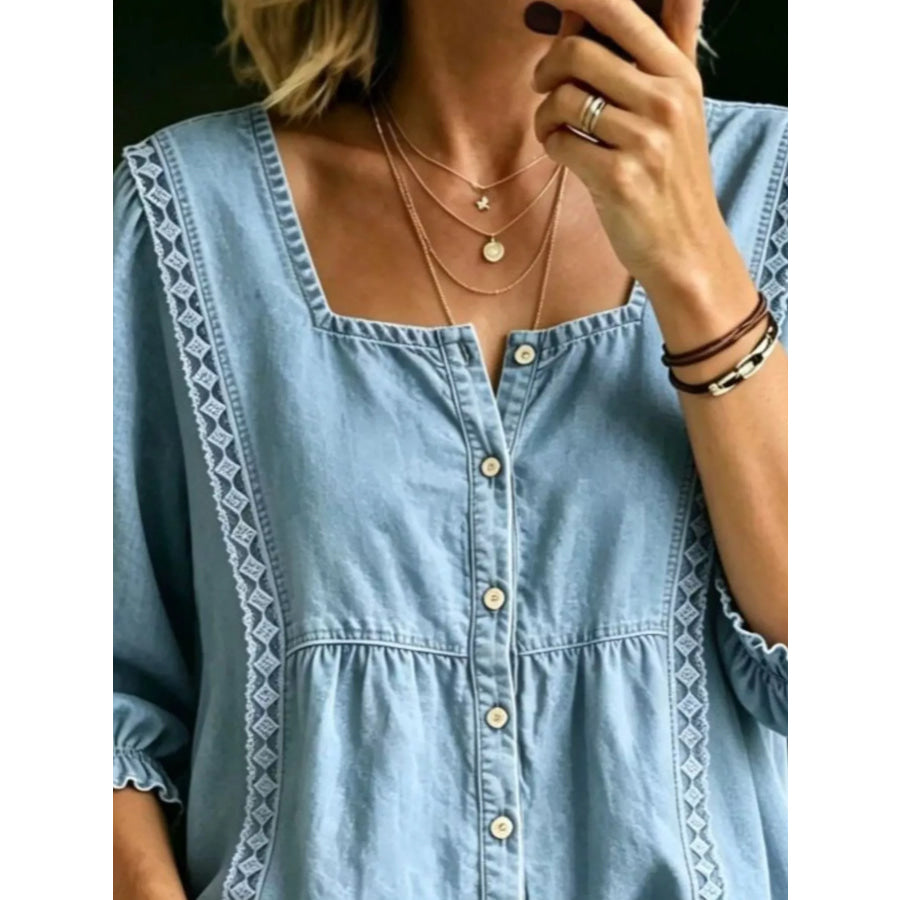 Full Size Square Neck Button-Down Denim Shirt Plus Light Blue / S Apparel and Accessories