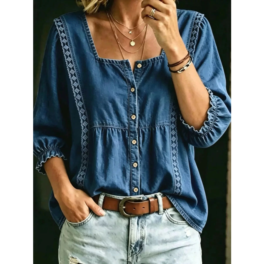 Full Size Square Neck Button-Down Denim Shirt Plus Navy / S Apparel and Accessories