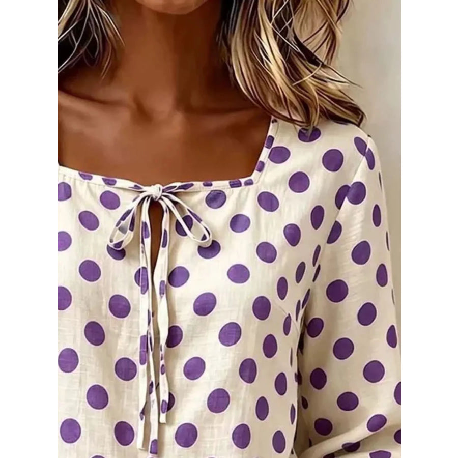 Full Size Square Neck Polka Dot Blouse Plus Apparel and Accessories