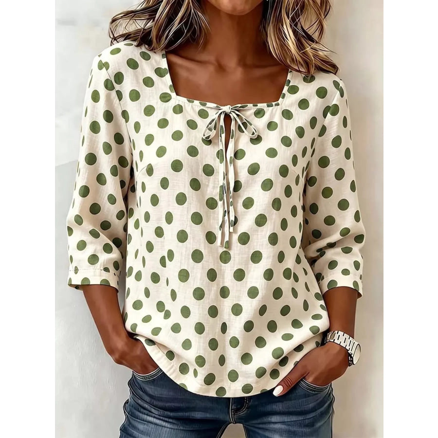 Full Size Square Neck Polka Dot Blouse Plus Green / S Apparel and Accessories