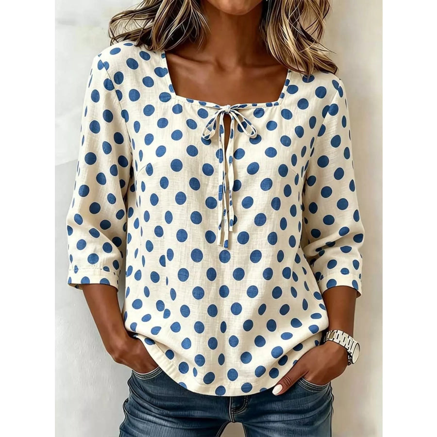 Full Size Square Neck Polka Dot Blouse Plus Light Blue / S Apparel and Accessories