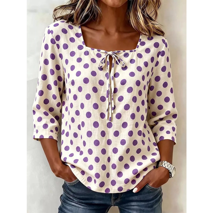 Full Size Square Neck Polka Dot Blouse Plus Purple / S Apparel and Accessories