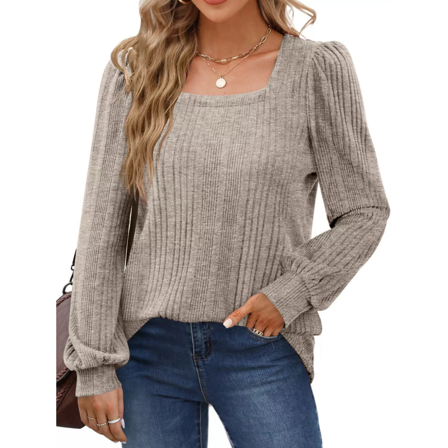 Full Size Square Neck Ribbed Knit Top Plus Size Khaki / S Apparel and Accessories