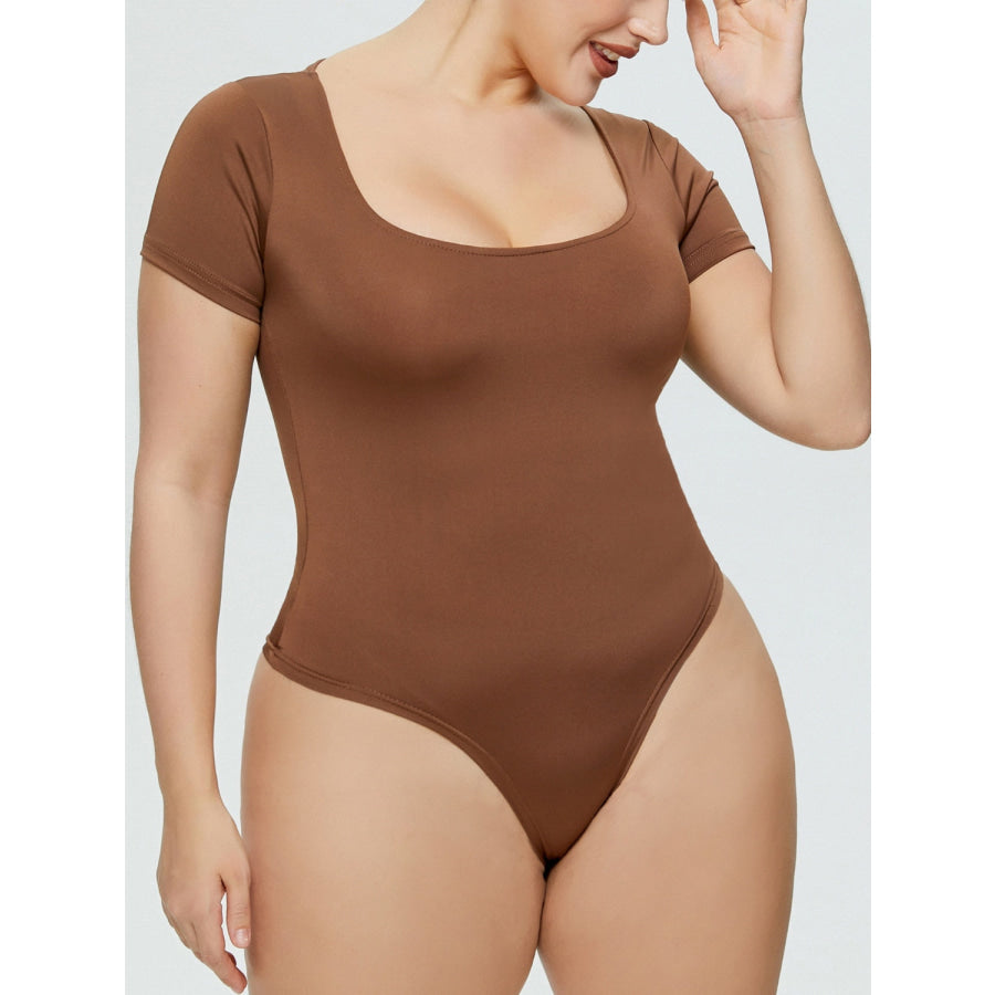 Full Size Square Neck Short Sleeve Bodysuit Brown / S Apparel and Accessories