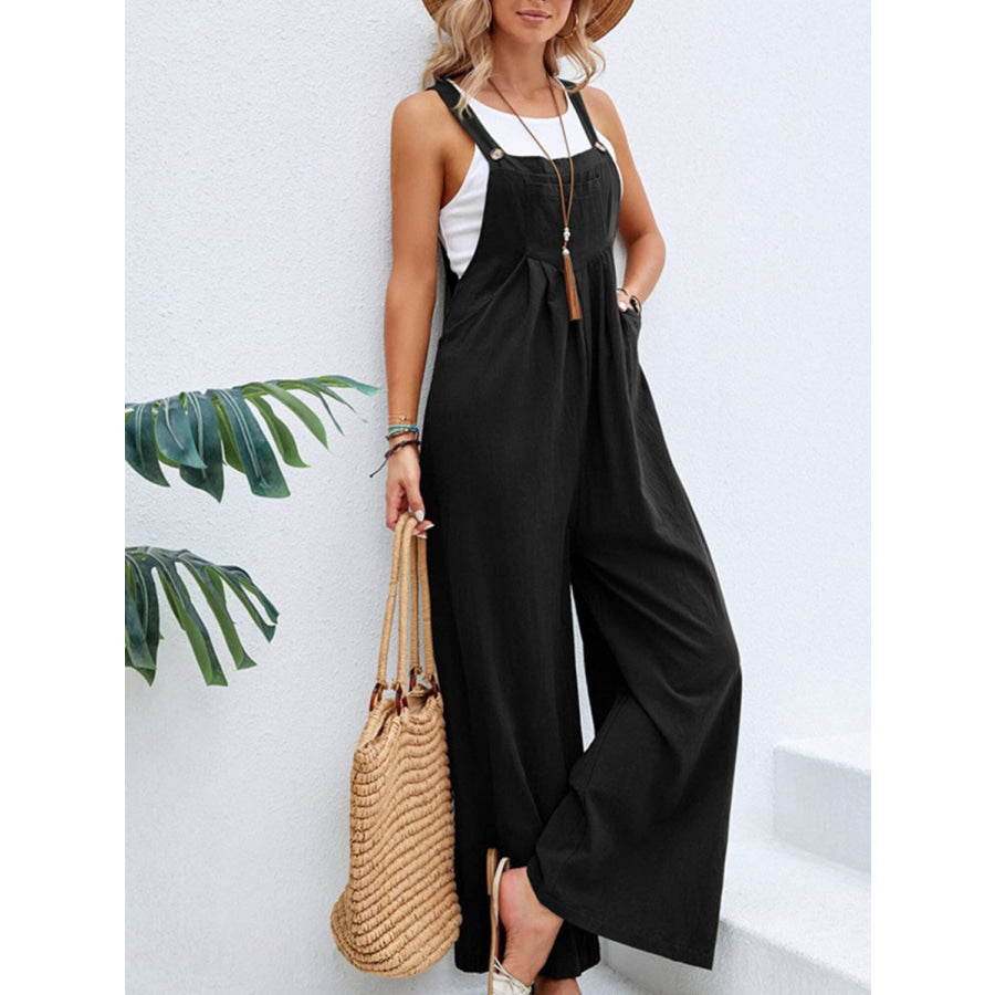 Full Size Square Neck Wide Strap Overalls Black / S Apparel and Accessories
