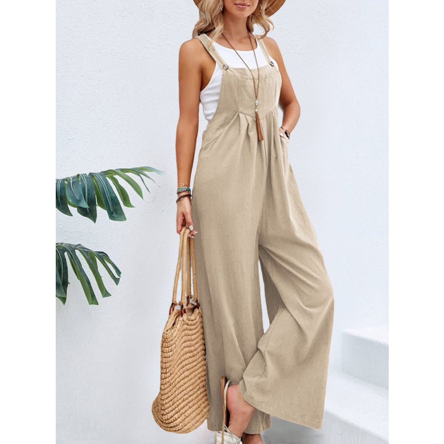 Full Size Square Neck Wide Strap Overalls Khaki / S Apparel and Accessories